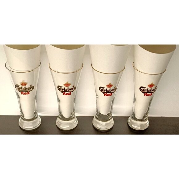 Carlsberg Red  Danish Beer Glasses Gold Rimmed Pilsner 8" set of 4 - Picture 3 of 5